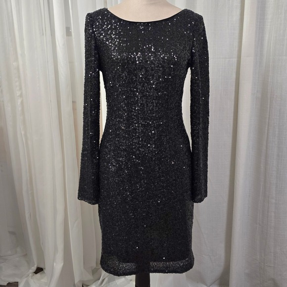 VTG Aidan Mattox Black Sequin Cocktail Dress Party Evening Long Sleeve Size 10 - Picture 1 of 12